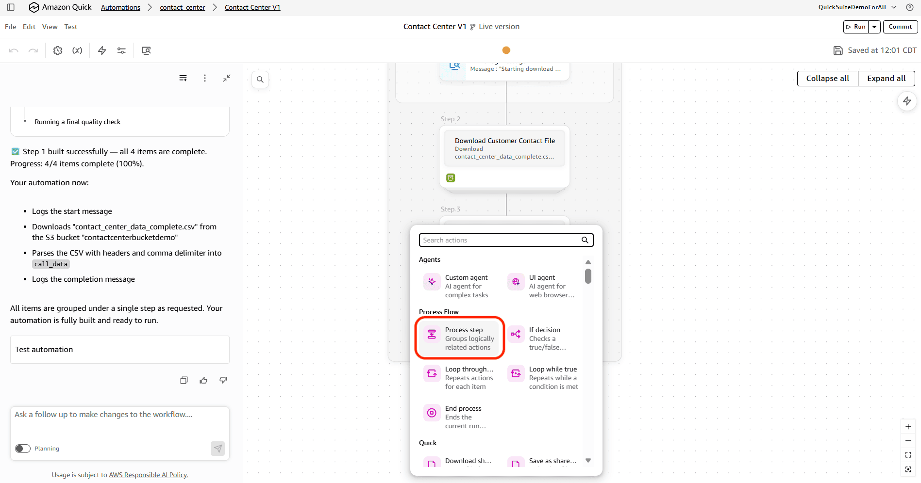 Add step menu with Process step selected