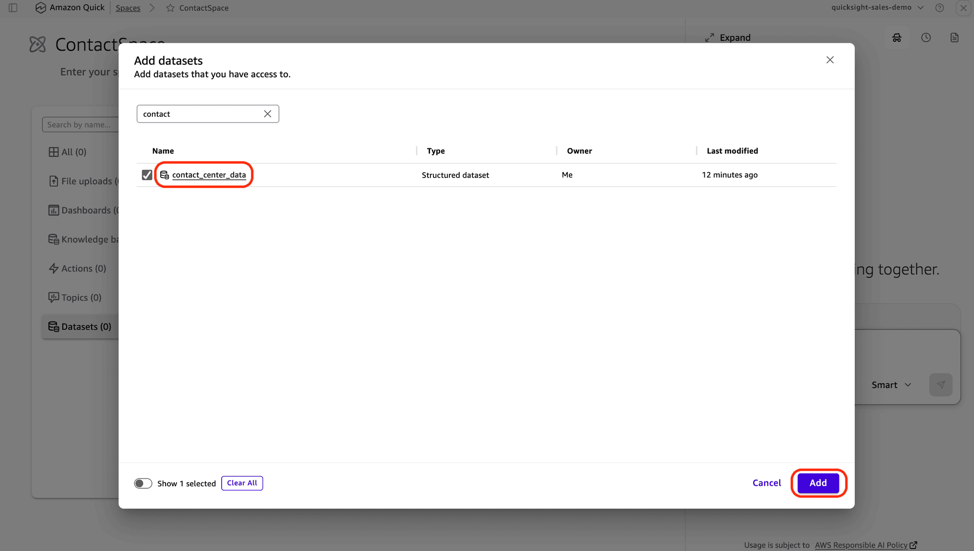 Add datasets panel with the contact_center_data dataset selected