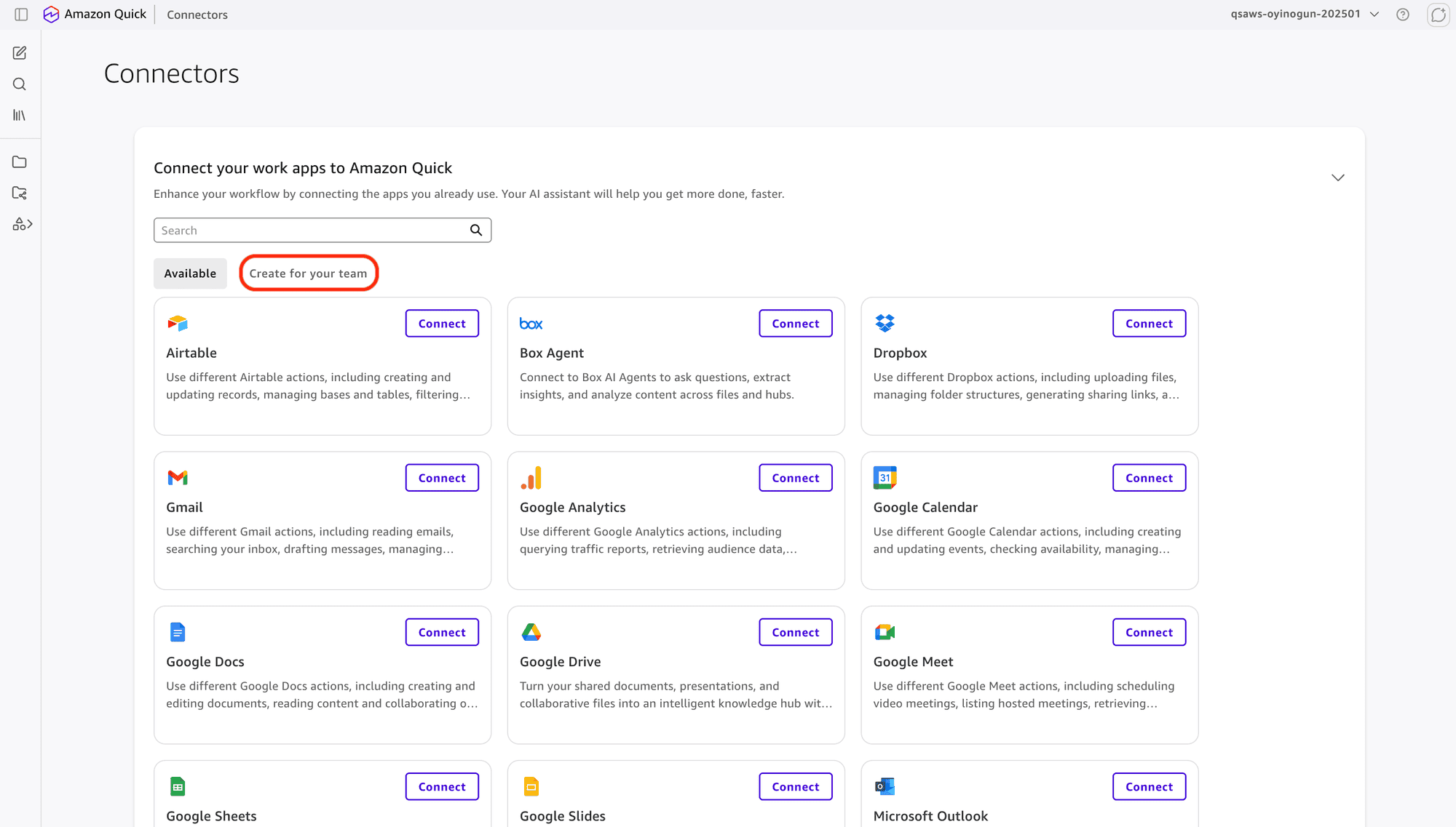 Connectors page with the Create for your team option