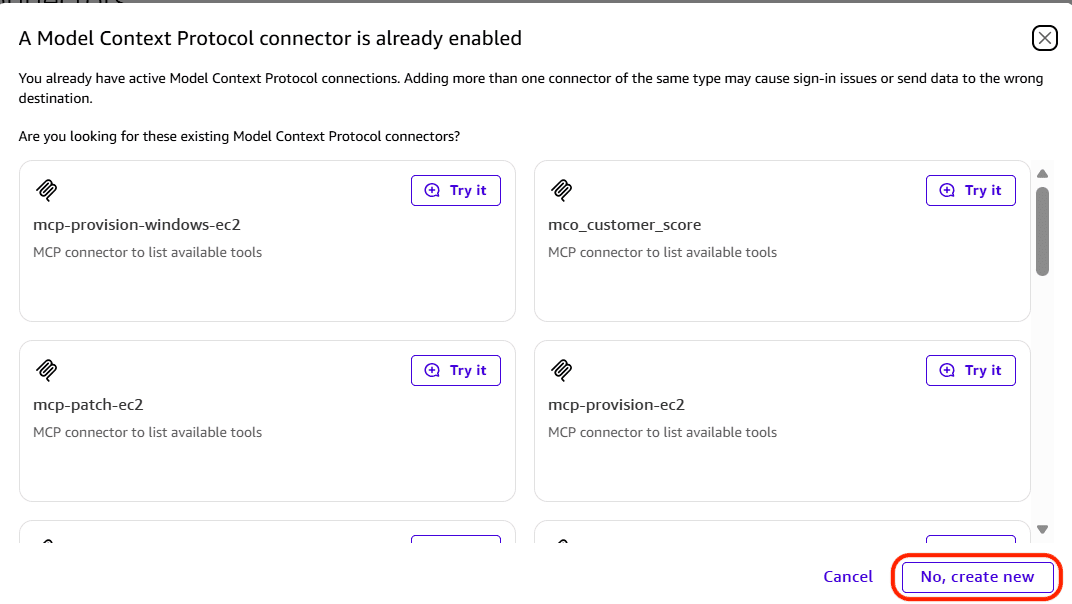 New connector prompt with No, create new selected