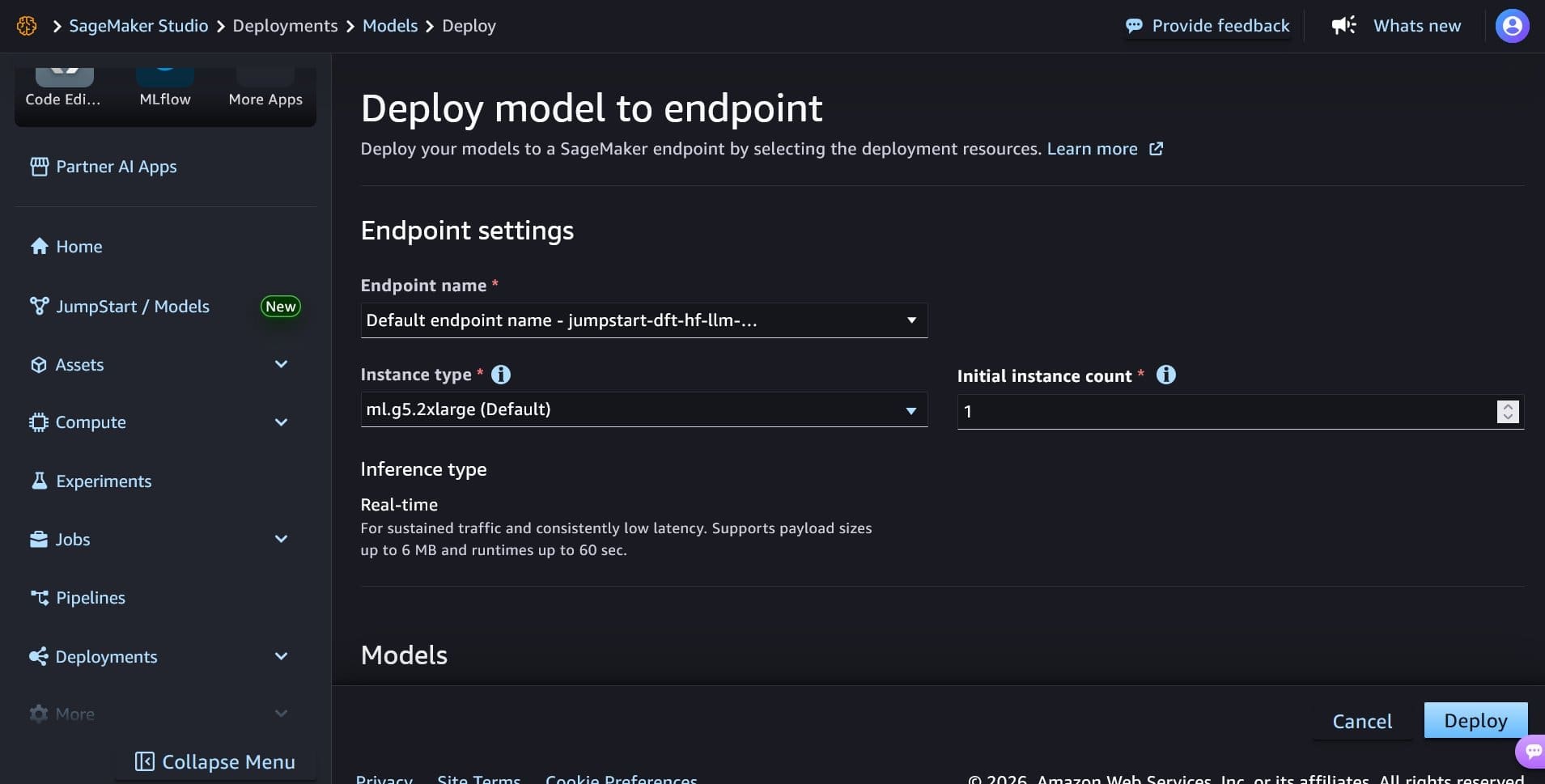 Amazon SageMaker JumpStart Studio UI for deploying the Qwen 2 0.5B model