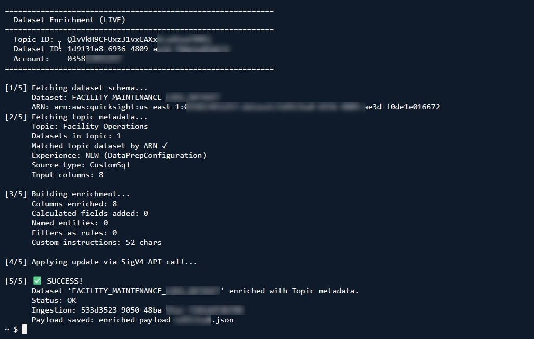 Enriched dataset semantic metadata shown in the console after the script runs