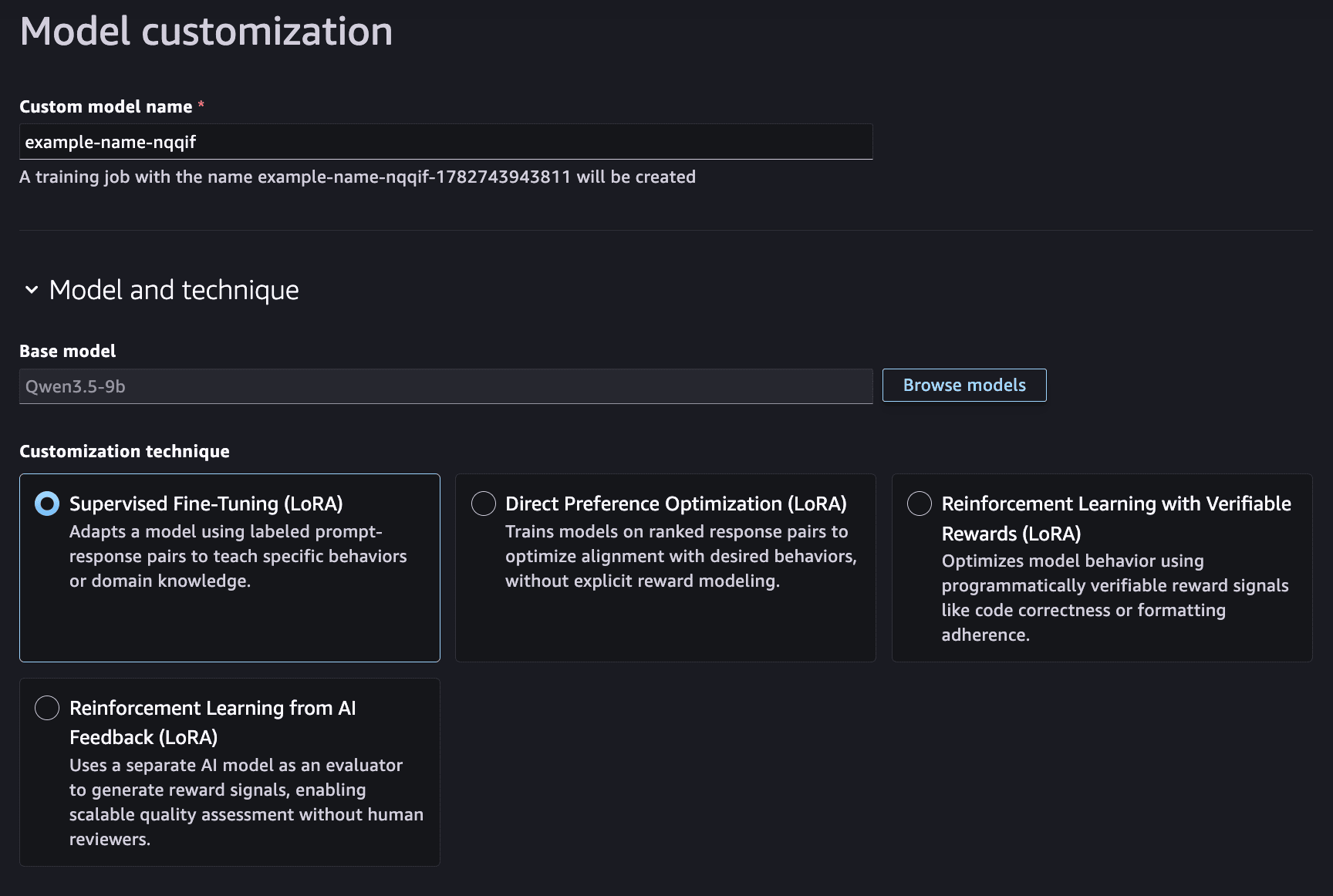 SageMaker Studio Model Customization page with the selected model pre-loaded and fine-tuning parameters ready to configure