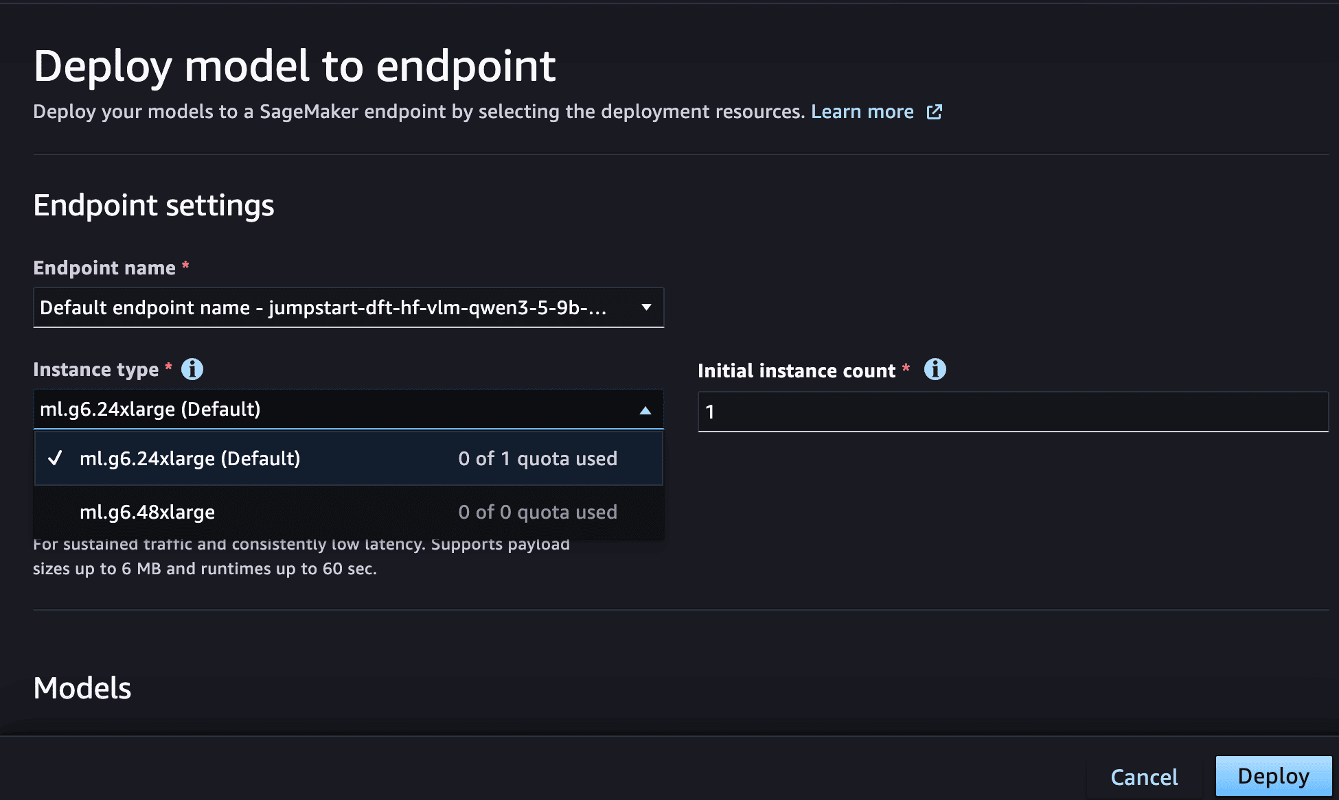 SageMaker Studio endpoint deployment page with the model pre-configured and instance type selection showing quota visibility