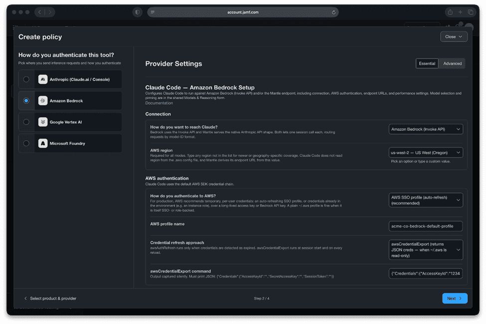 Jamf policy builder configuring Claude Code provider settings for Amazon Bedrock