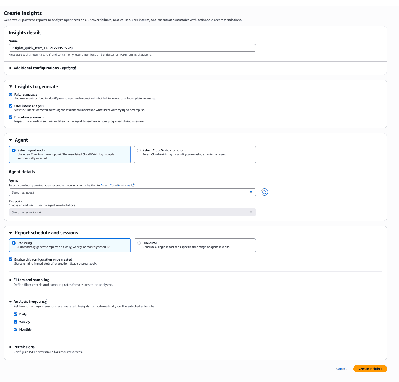 AgentCore console insights configuration page showing analysis types, agent connection, and schedule options