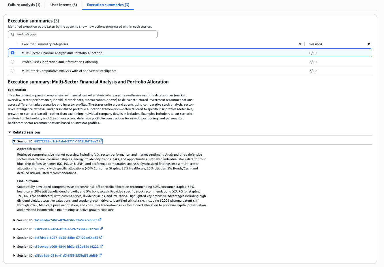 Execution summary showing three agent execution patterns across the 10 analyzed sessions