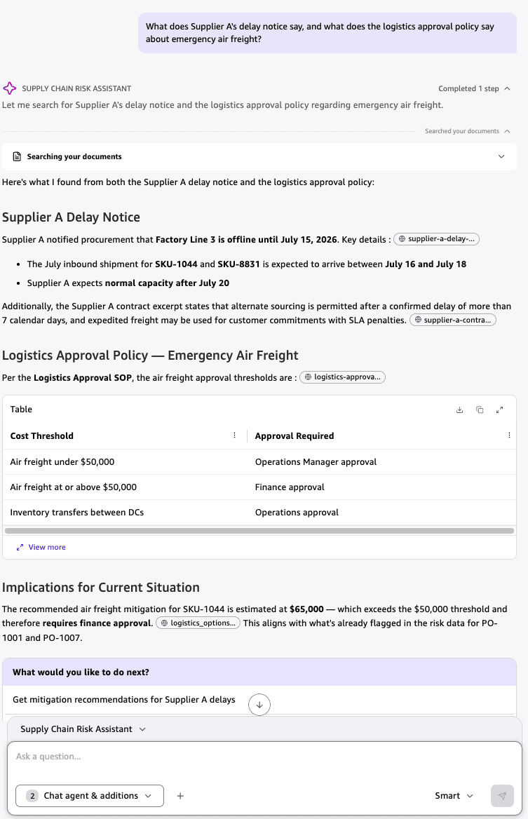 Amazon Quick knowledge-source response summarizing the supplier notice and air freight policy