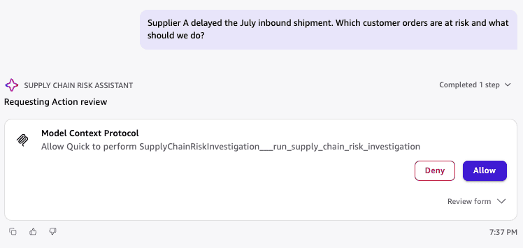 Amazon Quick prompt asking the user to approve the NeMo-backed supply-chain risk action