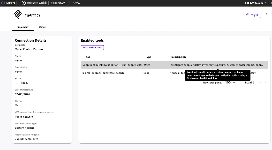 Registered MCP integration in Amazon Quick with the supply-chain risk action enabled
