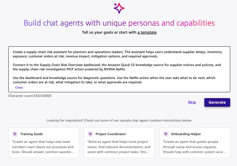 Amazon Quick chat agent creation screen with a short summary of the assistant