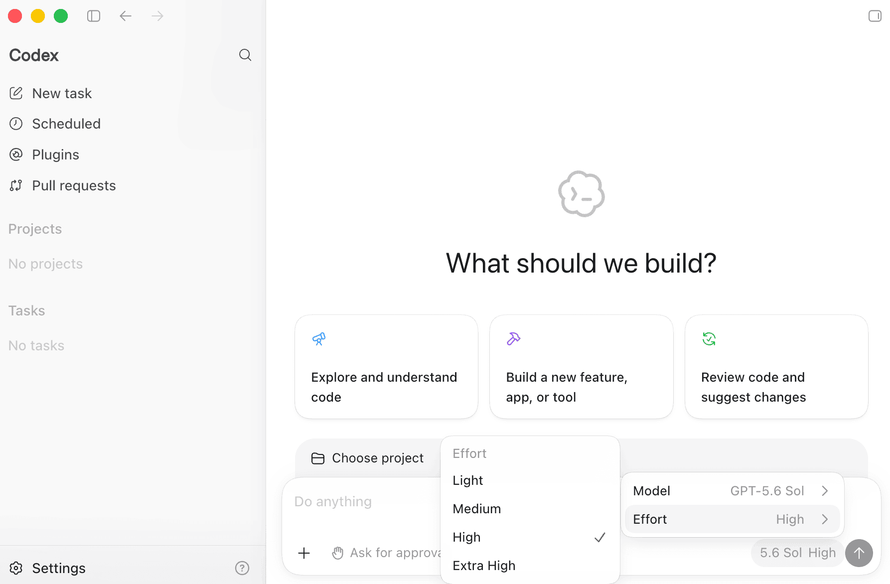 Reasoning-effort selector in the ChatGPT desktop app with Light, Medium, High, and Extra High options