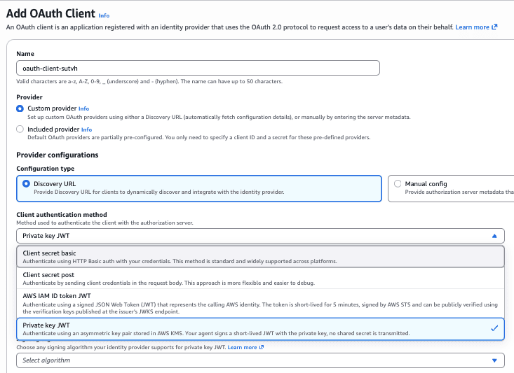 Provider configurations section showing Private key JWT selected as the client authentication method