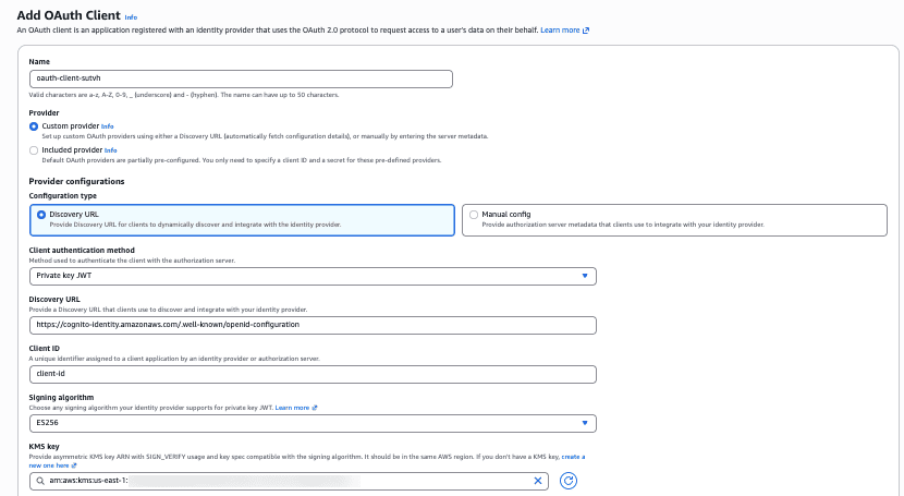 Console fields for discovery URL, client ID, KMS key ARN, and signing algorithm selection