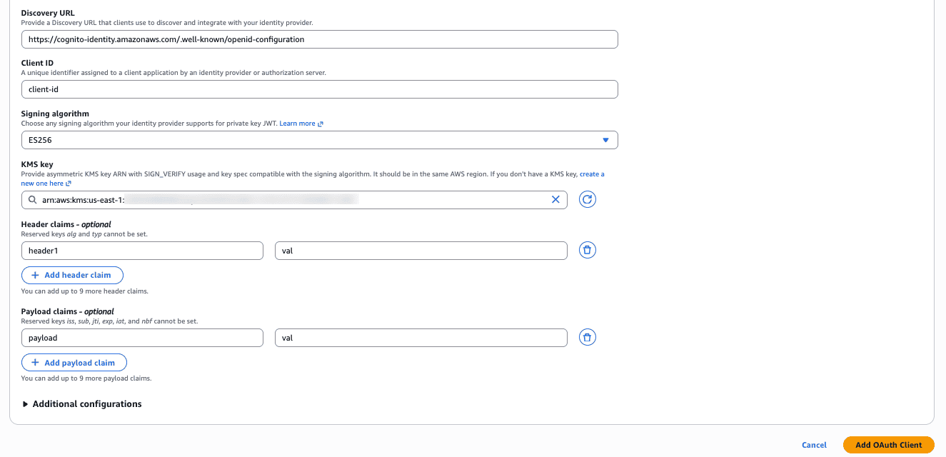 Console showing optional header claims and payload claims sections with the Add OAuth Client button