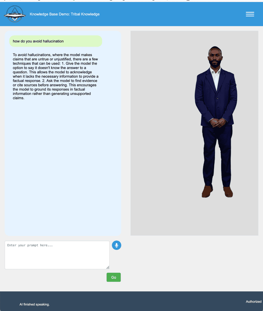 The Knowledge Base Demo answering a question about avoiding hallucinations through the on-screen avatar.