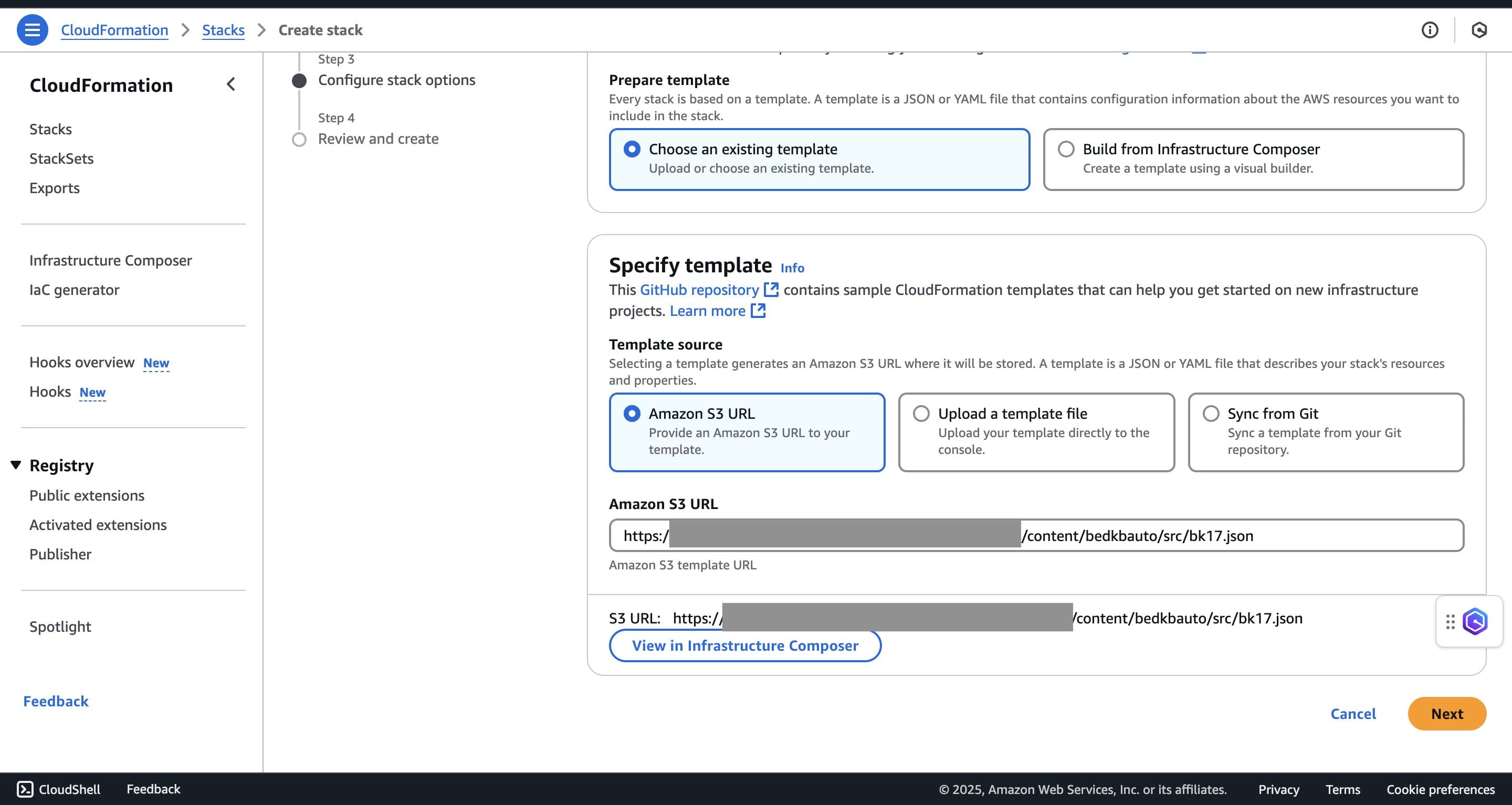 CloudFormation Create stack page with Amazon S3 URL selected and the template URL entered.