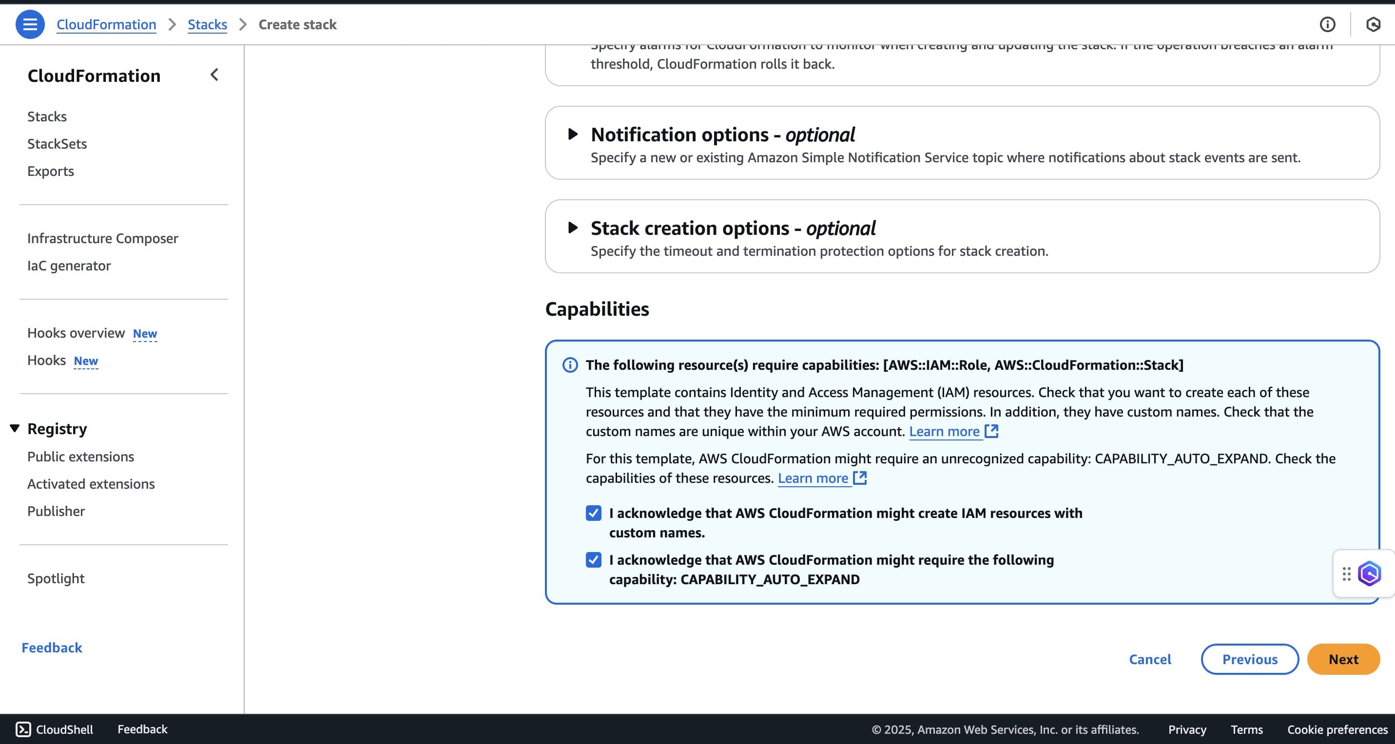 CloudFormation acknowledgment check boxes for creating IAM resources and the CAPABILITY_AUTO_EXPAND capability.