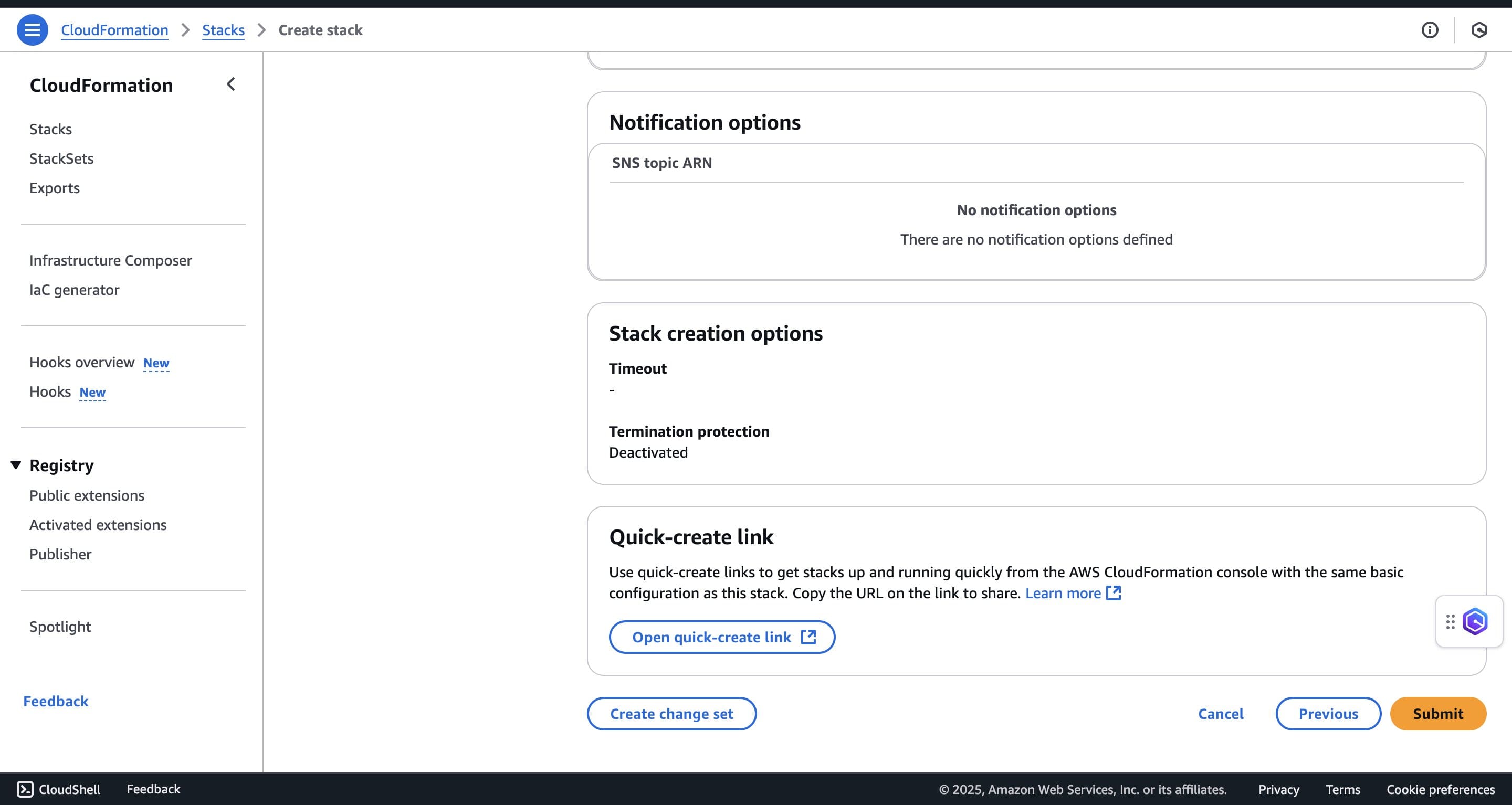 CloudFormation review page with the Submit button to create the stack.