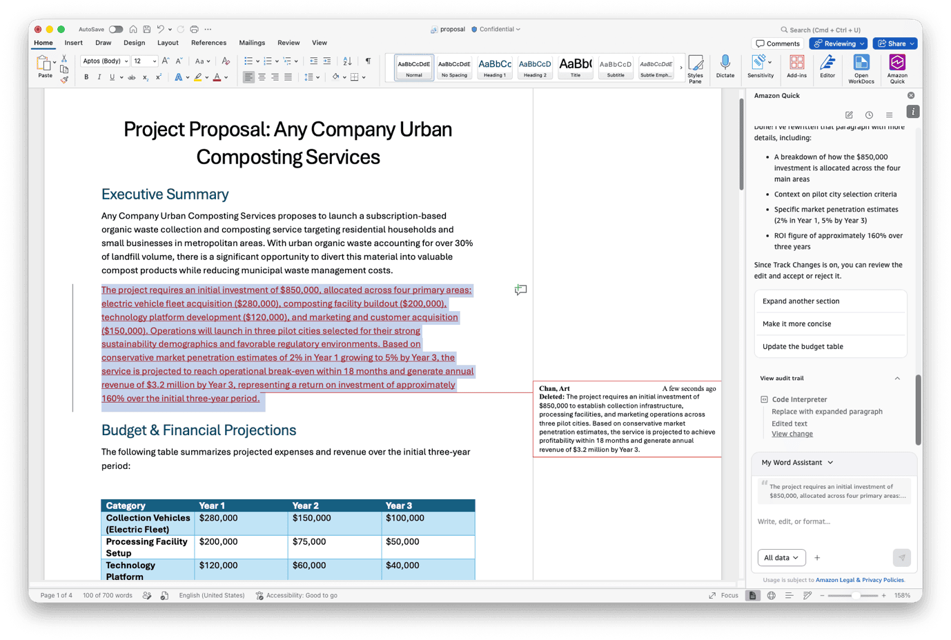 Amazon Quick side panel in Word showing a before-and-after visual comparison of agent-suggested edits