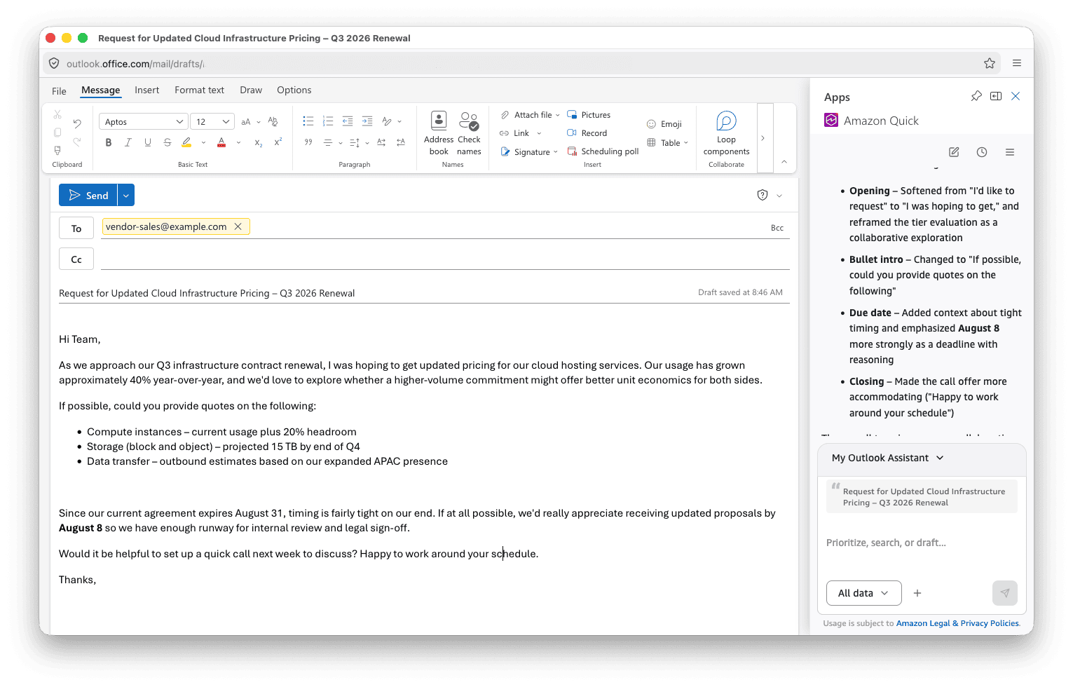 Amazon Quick drafting a contextual email reply in Outlook using customer data and thread history