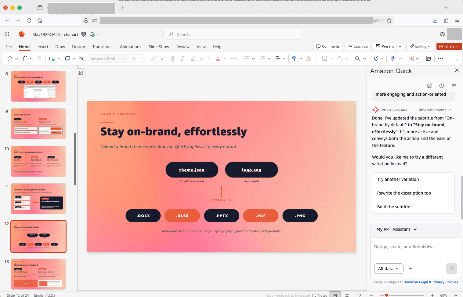 Amazon Quick PowerPoint extension generating branded slides with a suggested Quick Action button