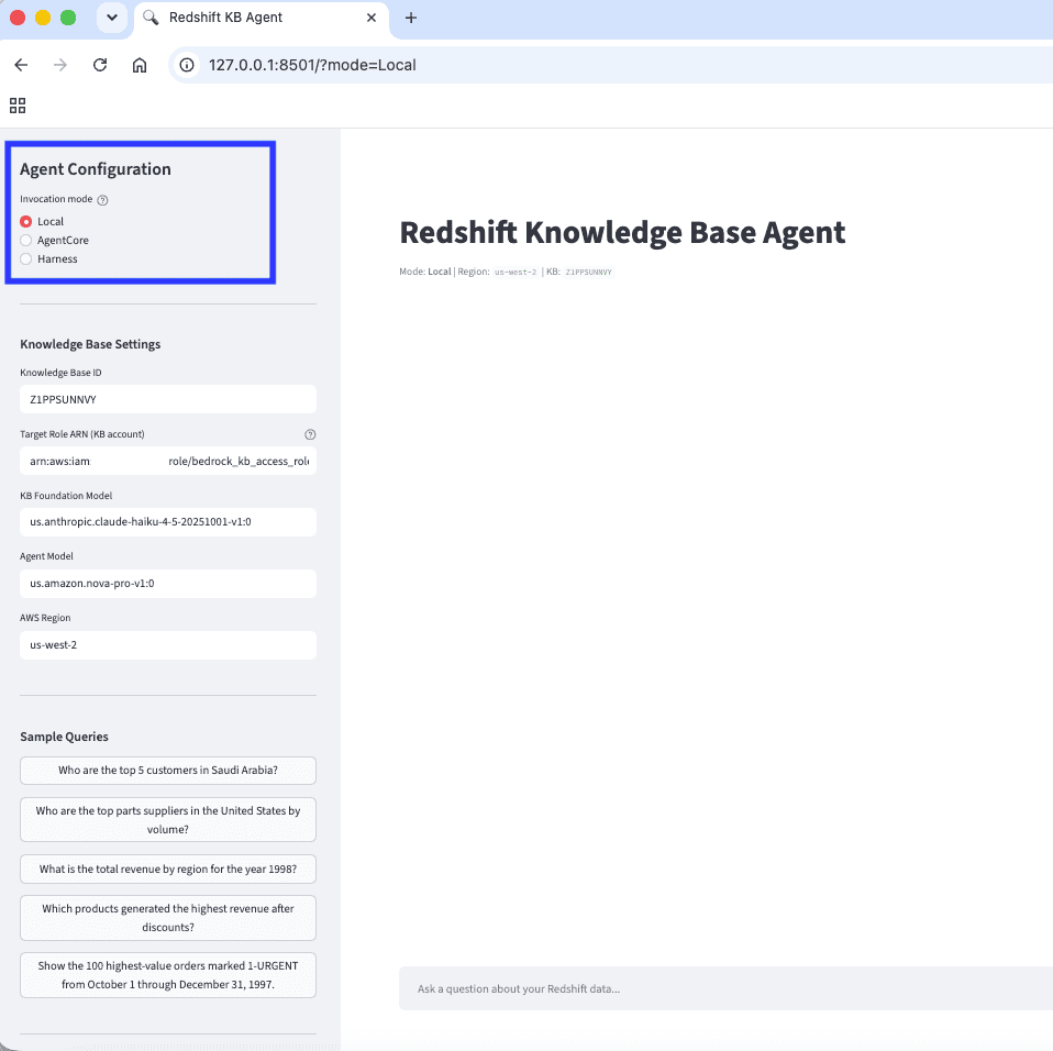 Streamlit sidebar showing Local, AgentCore, and Harness invocation mode options, with Local selected.