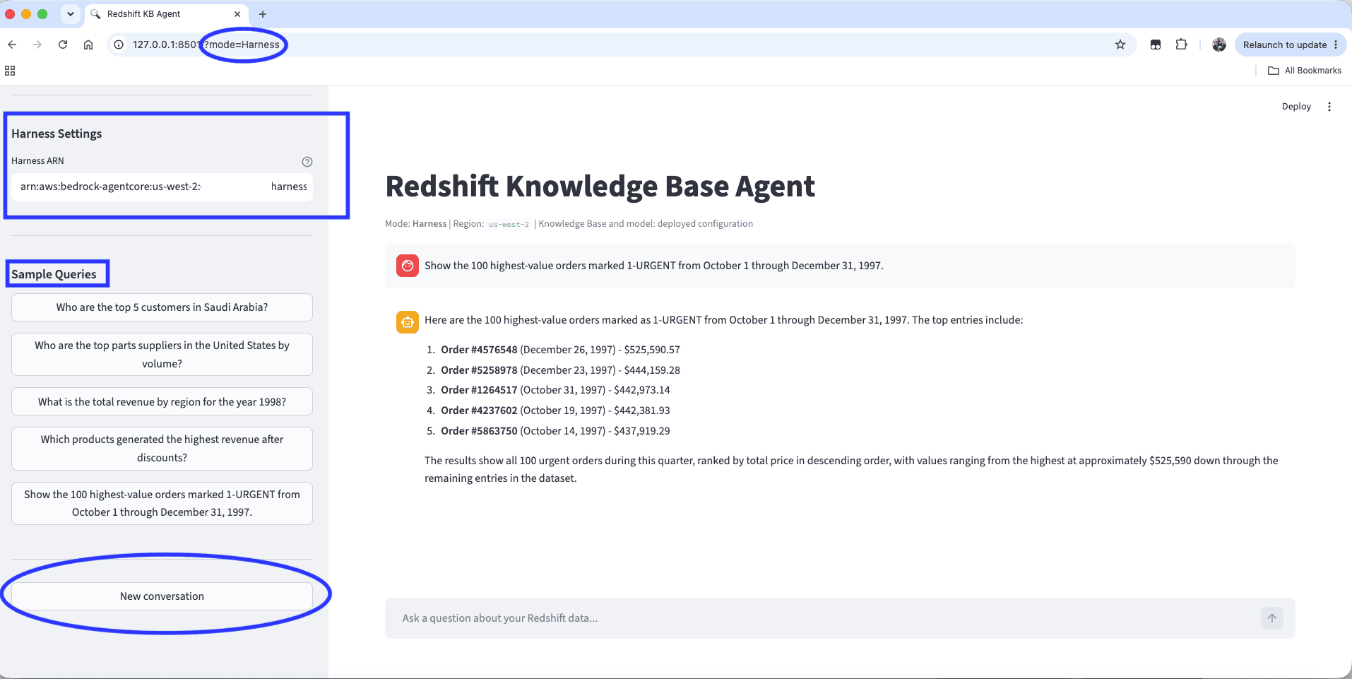 Streamlit Harness mode showing the deployed Harness ARN, sample queries, New conversation control, and a successful bounded query for urgent orders from the fourth quarter of 1997.