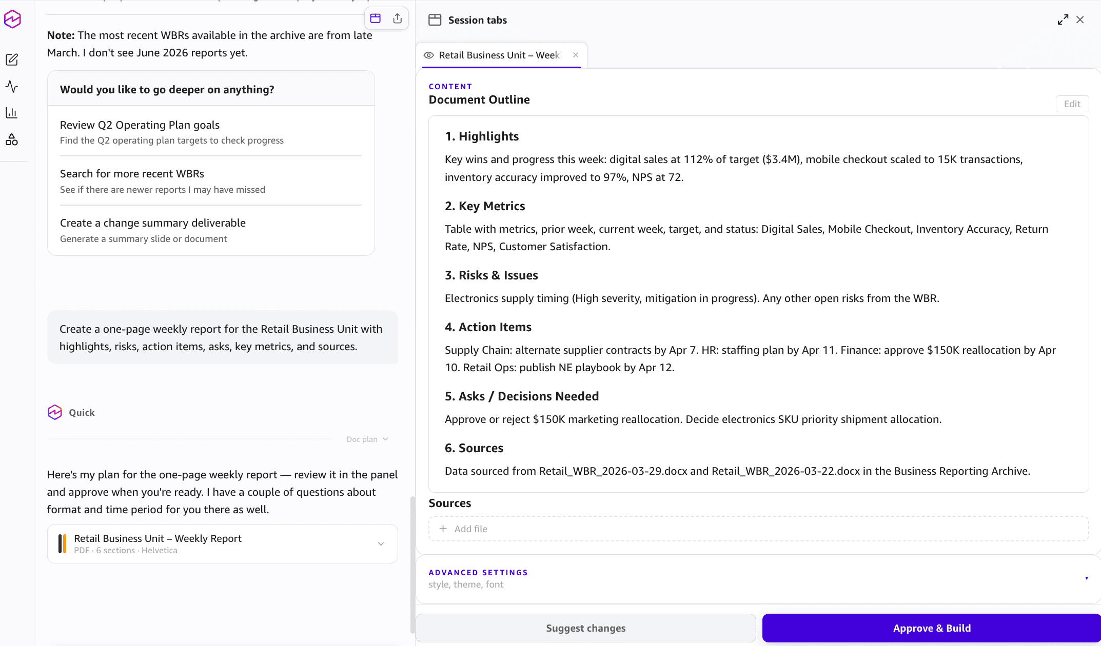 The Amazon Quick desktop application shows a plan for a one-page weekly report. The plan includes sections for highlights, key metrics, risks and issues, action items, asks or decisions needed, and sources. The user can suggest changes or choose Approve & Build.