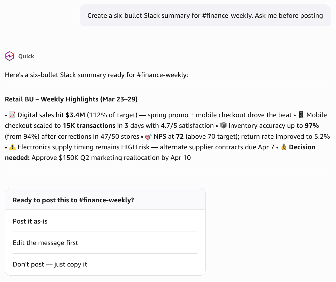 The Amazon Quick desktop application shows a six-bullet Slack summary for #finance-weekly. The draft includes weekly highlights, metrics, a risk, and a decision request. The approval card asks whether to post as-is, edit the message first, or copy without posting.