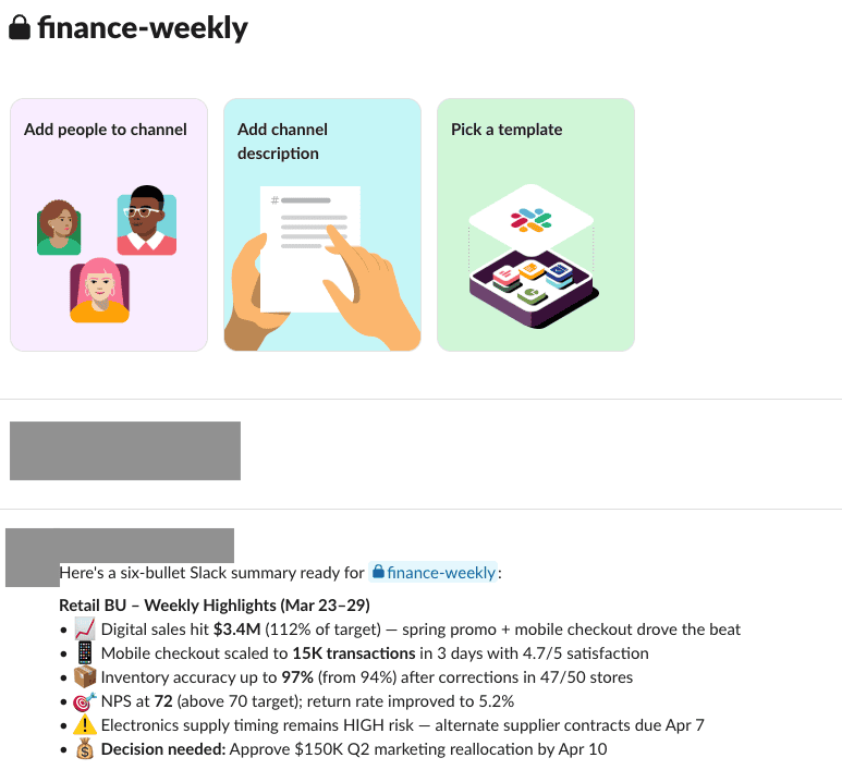 The Slack test channel #finance-weekly shows the approved weekly reporting summary with synthetic metrics and source-derived business highlights. User names, workspace identifiers, and internal values are masked.