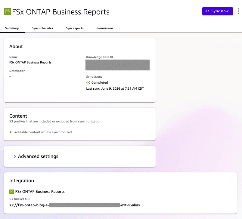 The Amazon Quick knowledge base page shows the FSx ONTAP Business Reports knowledge base. The sync status is completed, the content section lists 53 included S3 prefixes, and the integration section shows an S3 bucket URL that uses the access point alias. Account-specific values are masked.