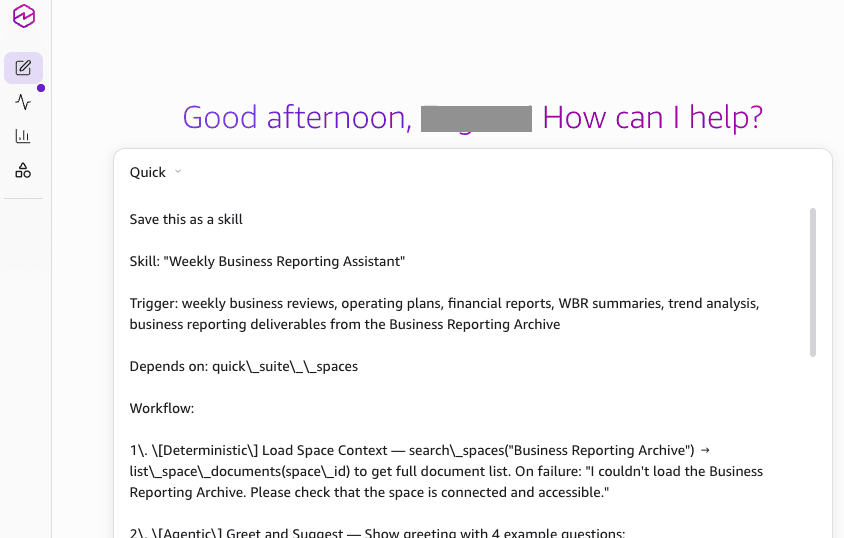 The Weekly Business Reporting Assistant skill specification entered in the Amazon Quick desktop application