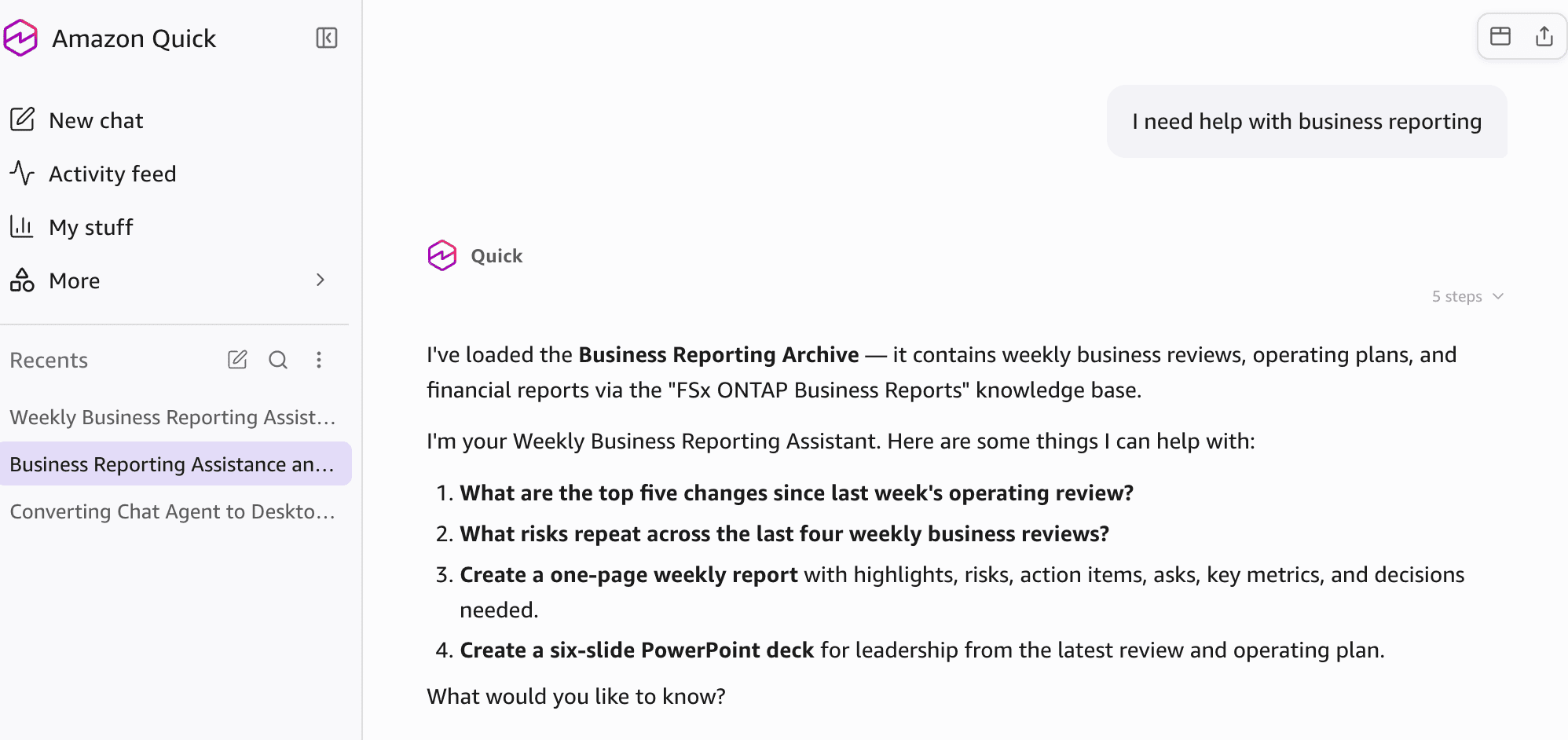 The Amazon Quick desktop application shows the assistant greeting. It says the Business Reporting Archive is loaded and offers example questions about weekly changes, repeated risks, a one-page report, and a six-slide PowerPoint deck.