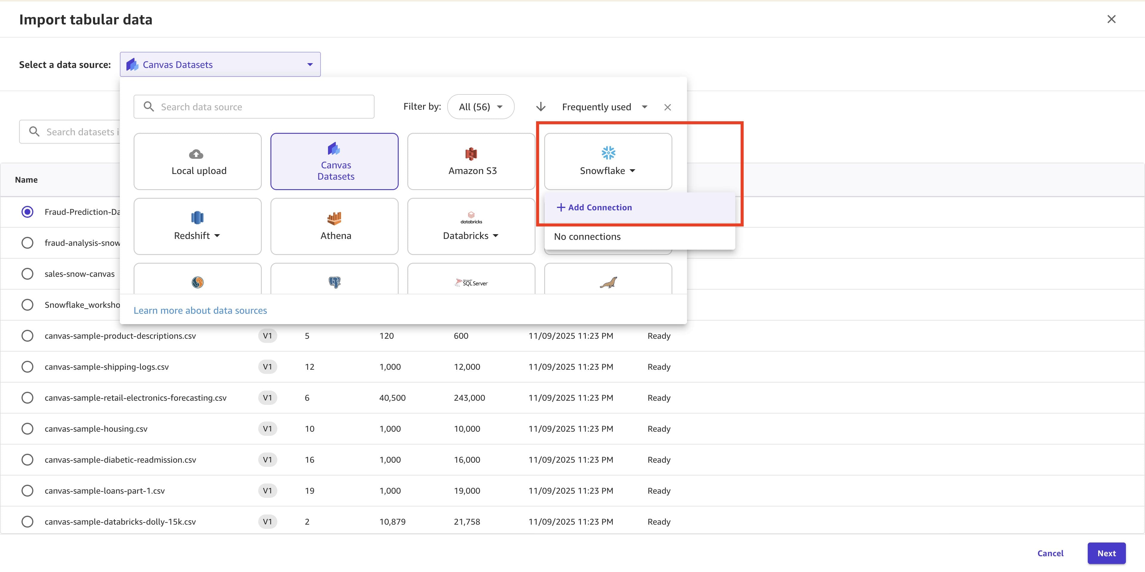 Selecting Snowflake as the data source and adding a connection in Data Wrangler