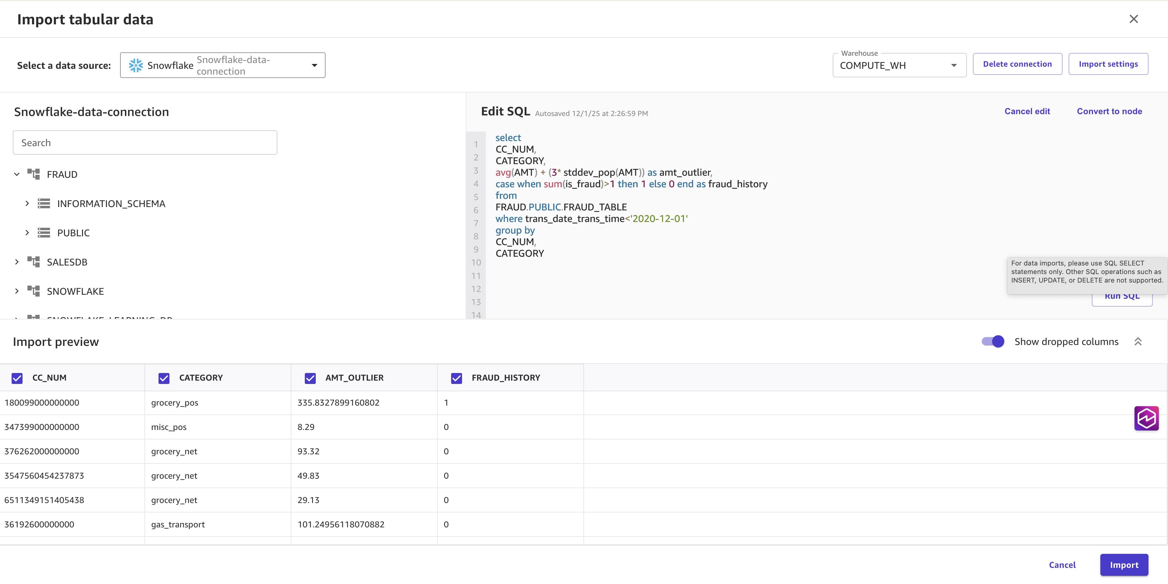 SQL editor in Data Wrangler showing the outlier-threshold query results ready to import