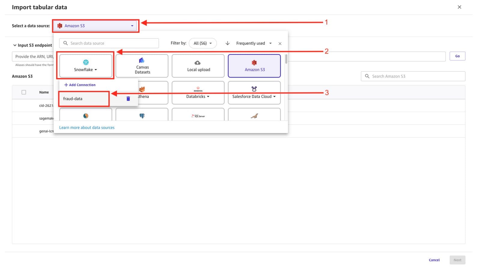 Selecting the existing Snowflake connection for the second data source