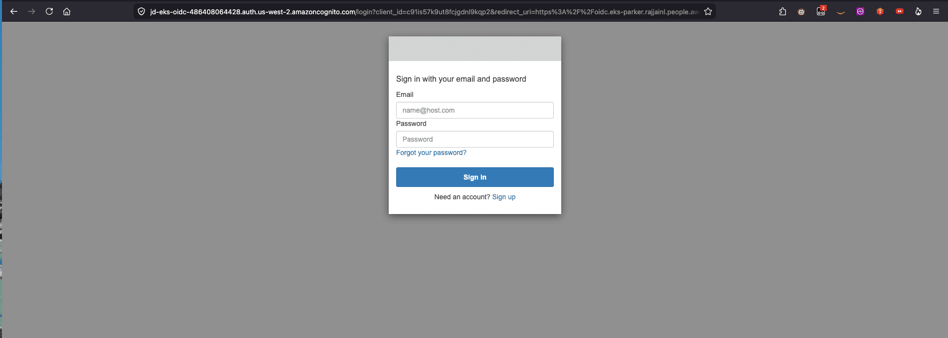Amazon Cognito managed login page for signing in to the workspace console