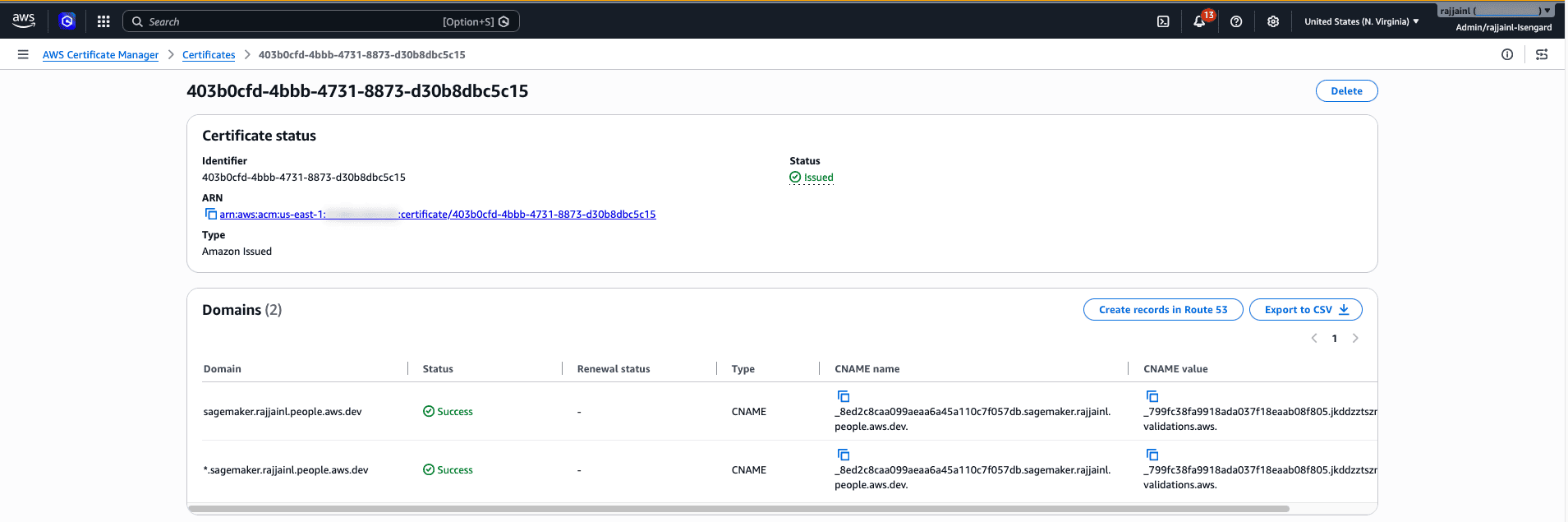 ACM console showing an issued certificate for the domain and its wildcard subdomain