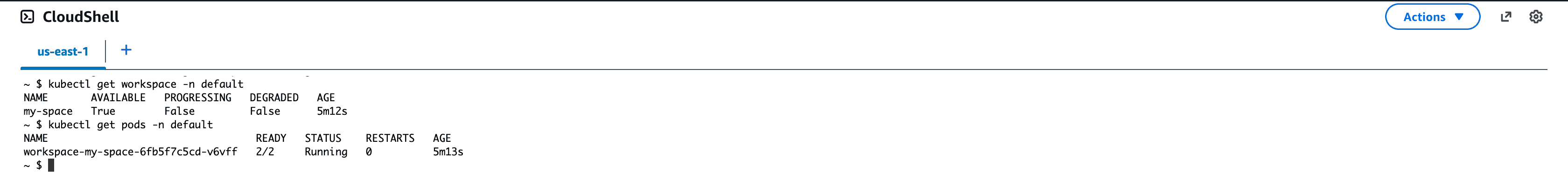 The my-space Workspace reporting an Available status