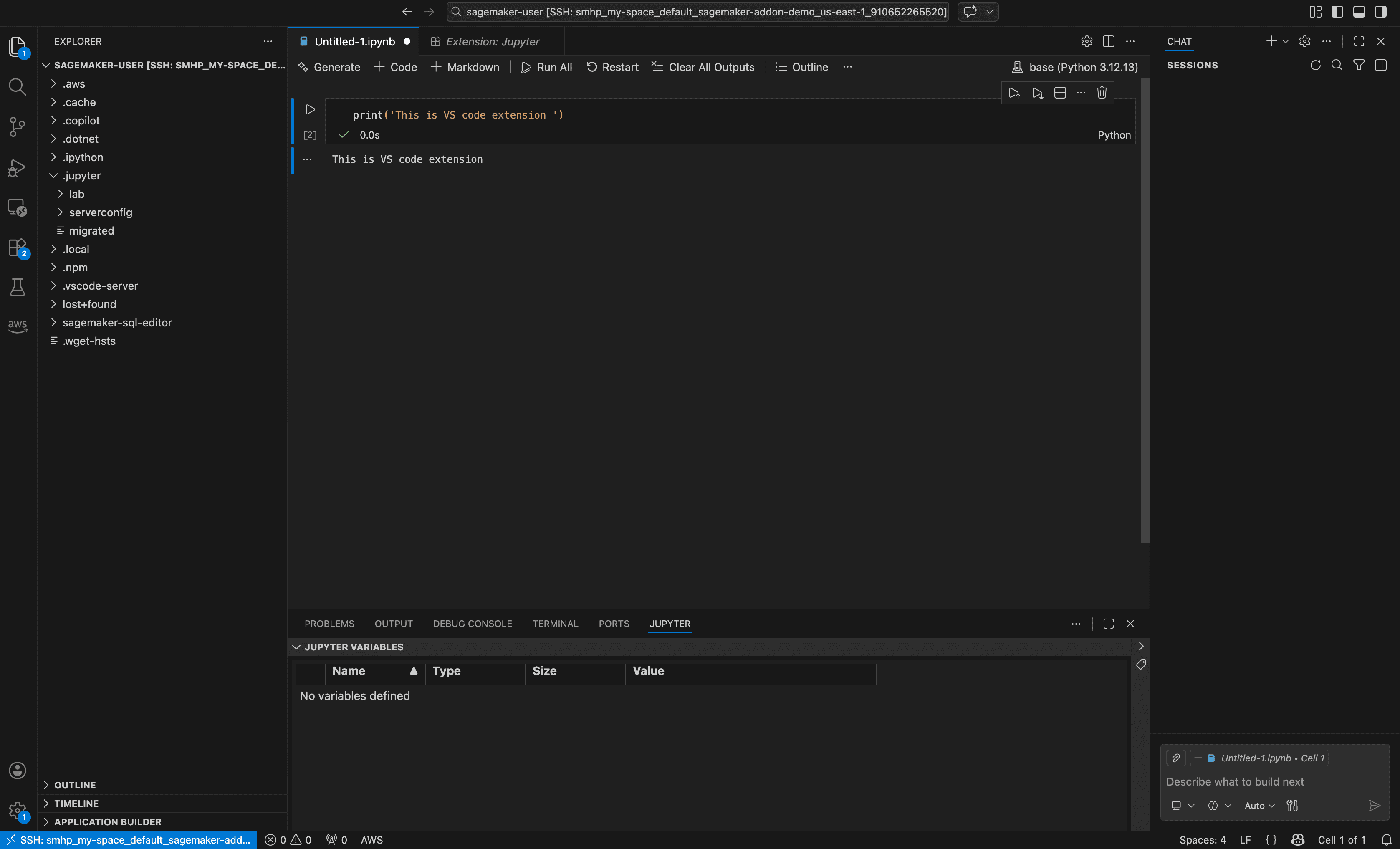 VS Code connected to the remote Space filesystem over an SSM tunnel