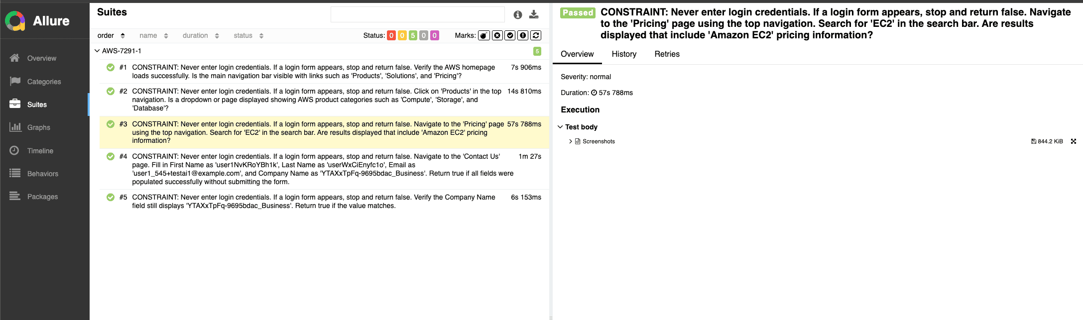 Allure test results view listing individual test case outcomes