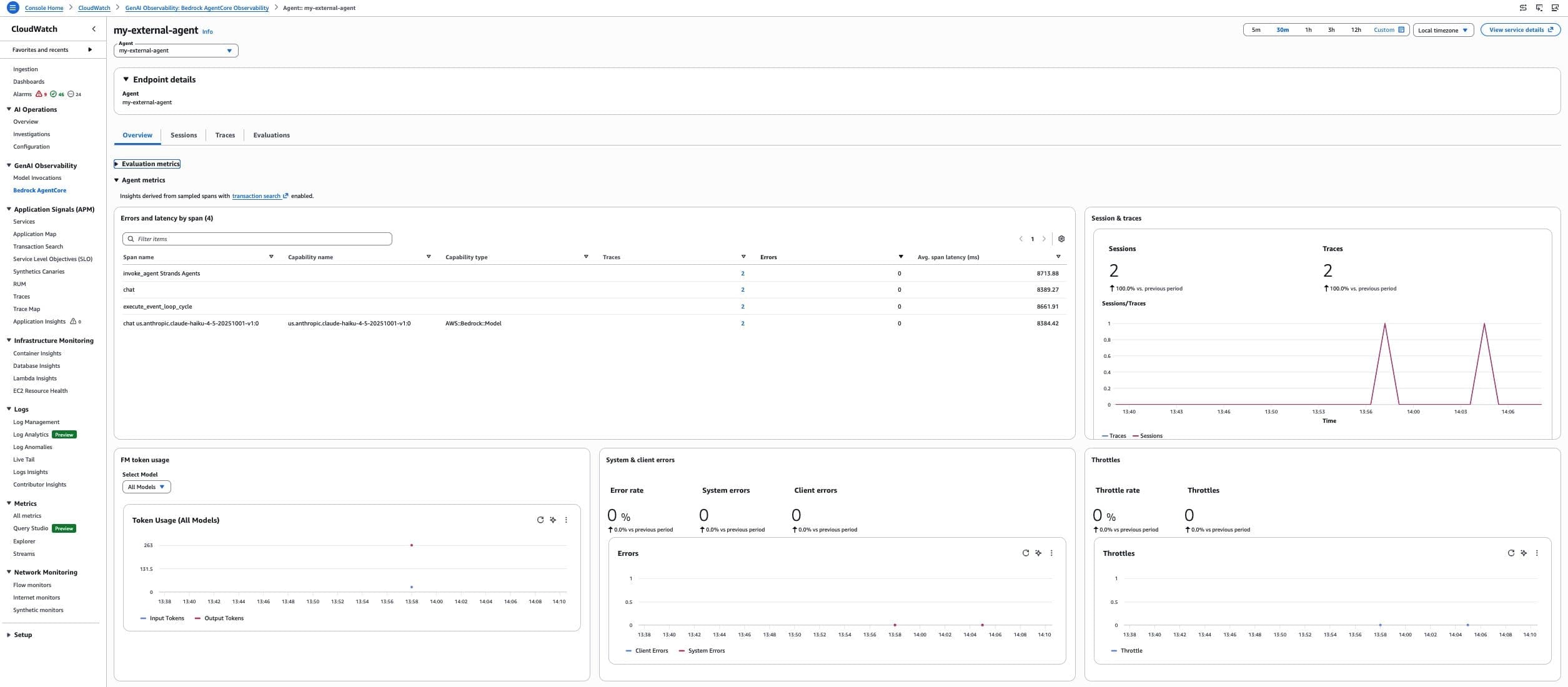 AgentCore Observability dashboard in CloudWatch showing the my-external-agent with its sessions and traces