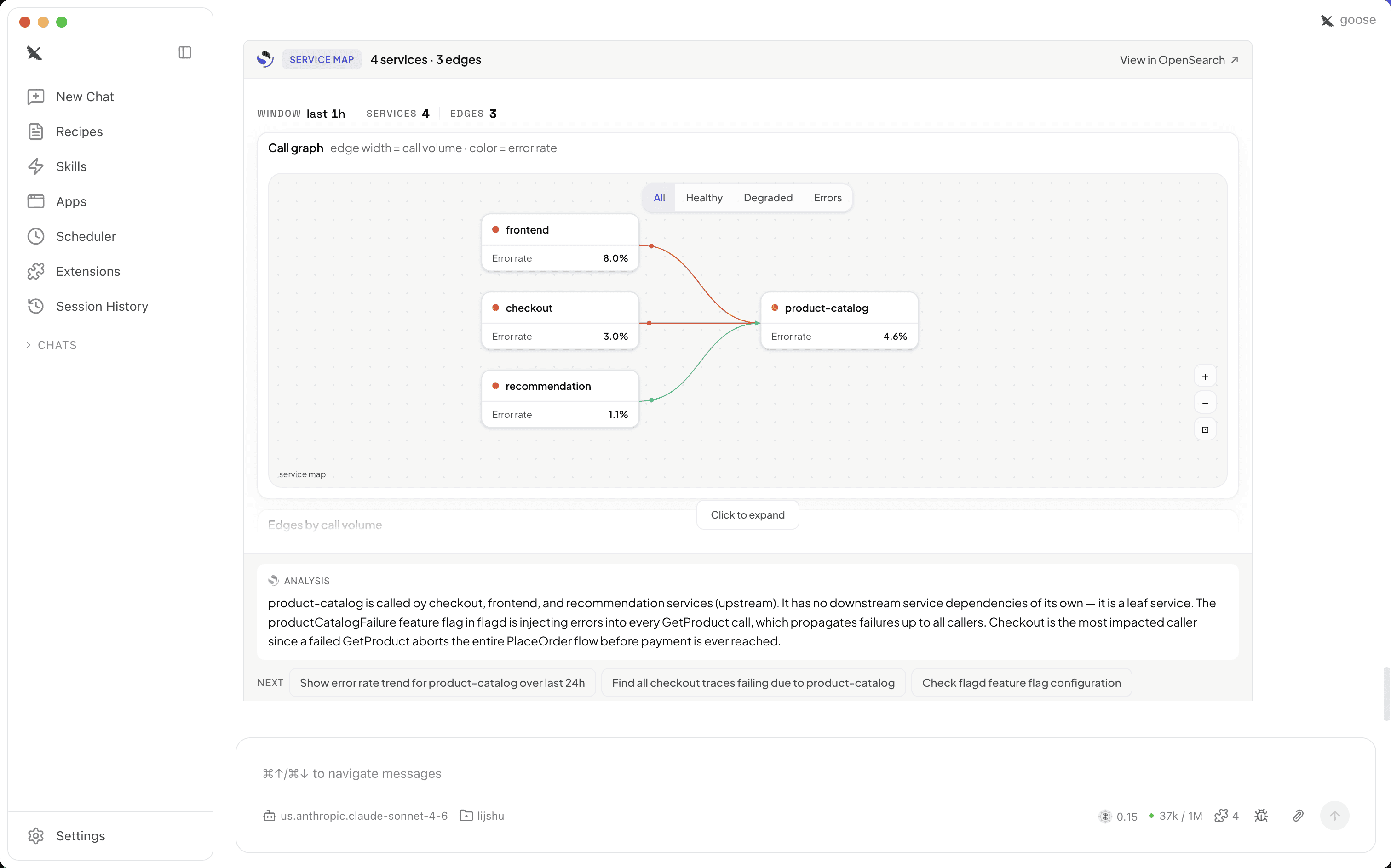 MCP App service map showing a call graph with per-service error rates and dependency edges.