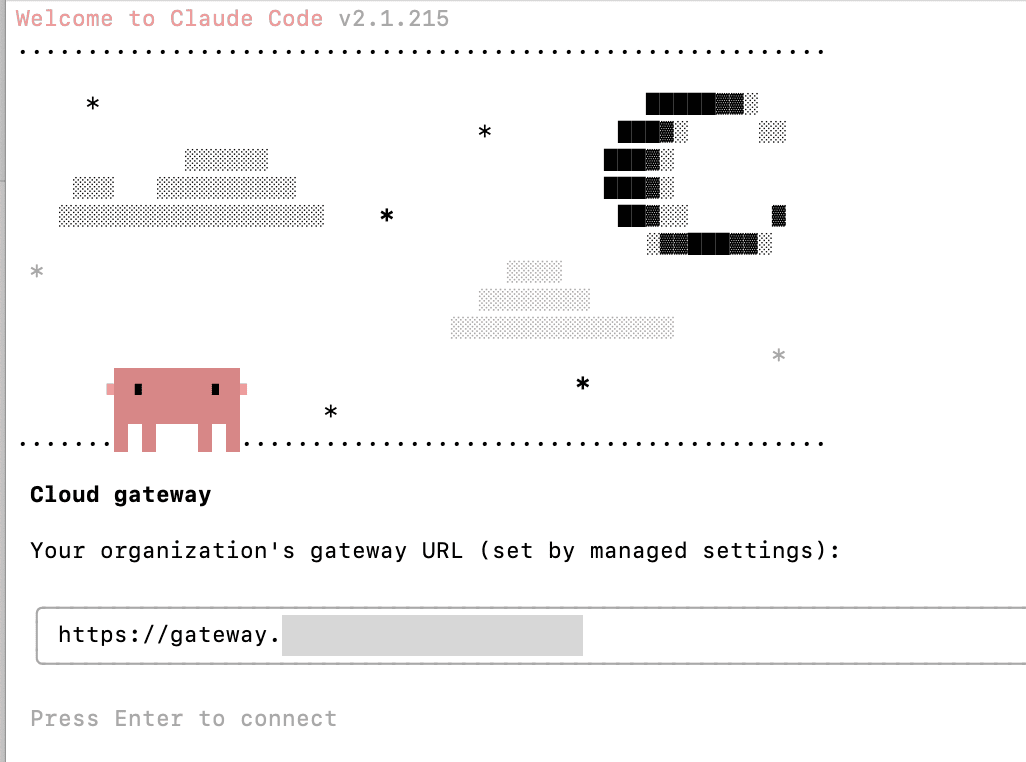 Claude Code terminal prompting the developer to authenticate through the gateway
