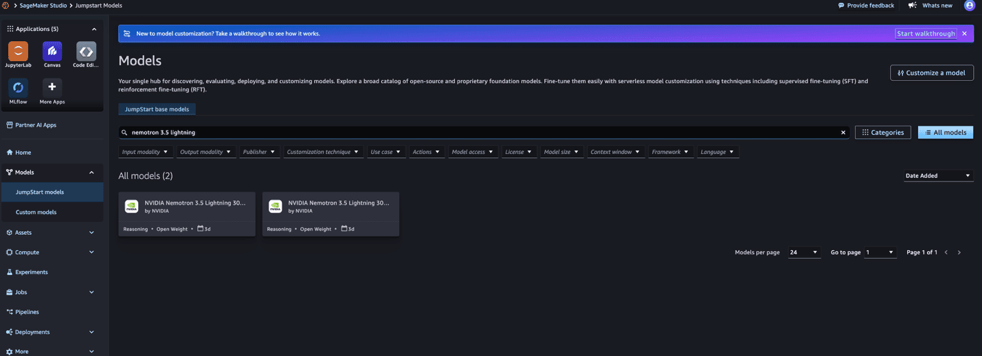 SageMaker JumpStart search results listing the Nemotron 3.5 Lightning model