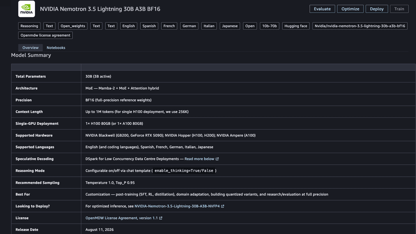 Nemotron 3.5 Lightning model card in SageMaker JumpStart showing the NVFP4 model ID