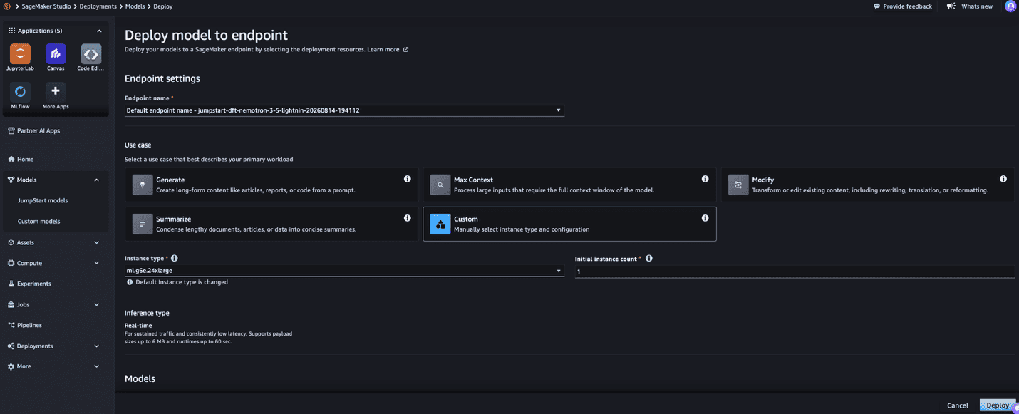 SageMaker JumpStart deployment settings with an instance type selected