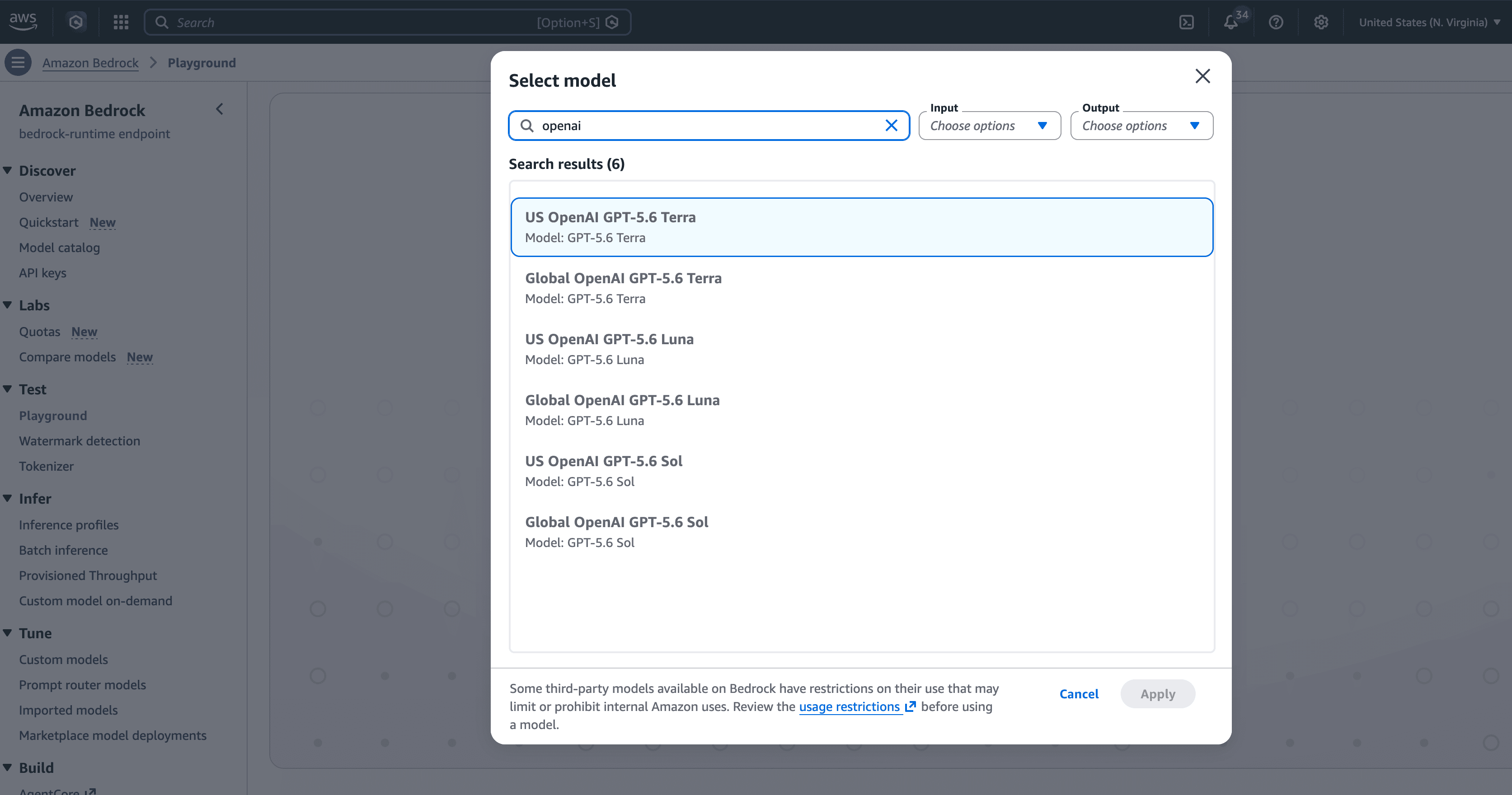 Amazon Bedrock console model selector listing the US and Global OpenAI GPT-5.6 Sol inference profiles