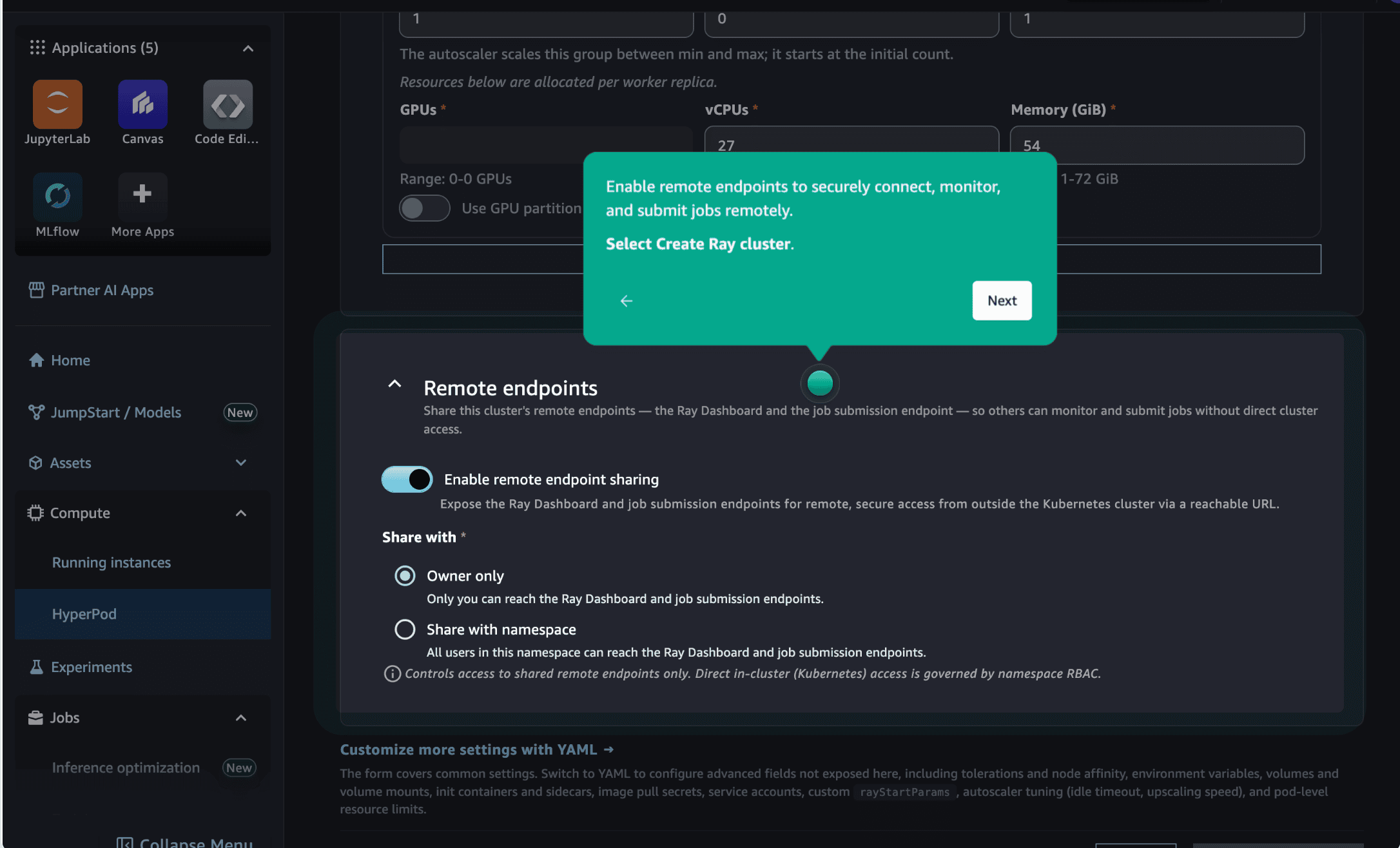 Ray cluster creation form with remote endpoints enabled